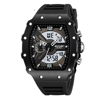 montre multifonctionnelle homme affichage double avec un boîtier en forme de baril et un bracelet noir.