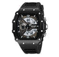 montre multifonctionnelle homme affichage double avec un boîtier en forme de baril et un bracelet noir.