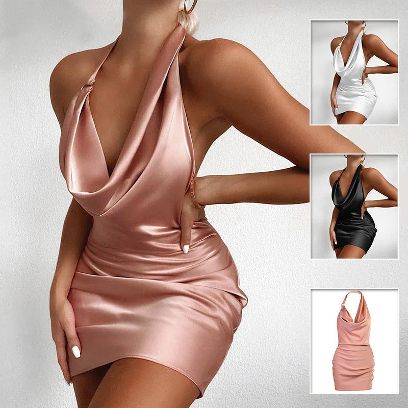 Robe mini sans manches dos nu en satin rose, cuir satiné, style élégant halter-neck pour l'été.
