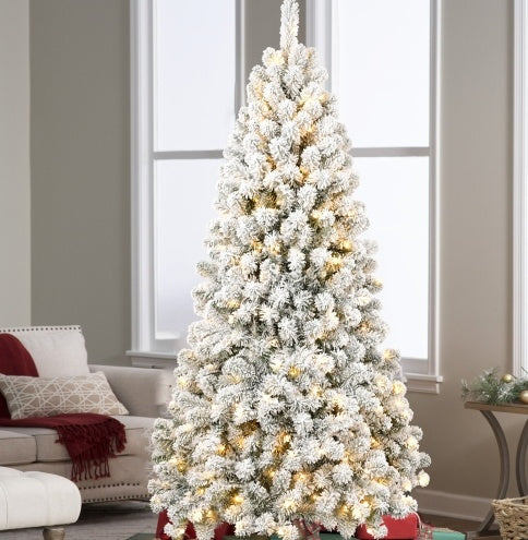 Sapin de Noël floqué pré-éclairé de 5 pieds avec 498 embouts de fil à mémoire de forme, gonflé sans effort, parfaitement formé et éclairé avec 200 lumières incandescentes chaudes apportant une élégance et un raffinement durables à vos vacances