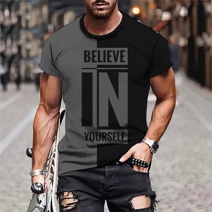 T-shirt homme été respirant avec slogan 'BELIEVE IN YOURSELF', style moderne et coloris noir et gris.