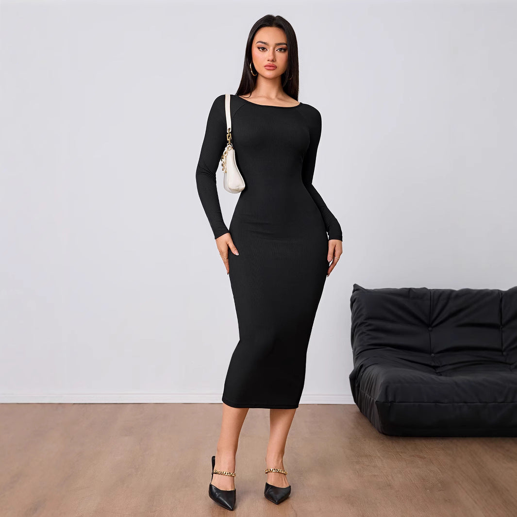 Robe féminine simple mode automne hiver sexy dos nu moulante mi-longue