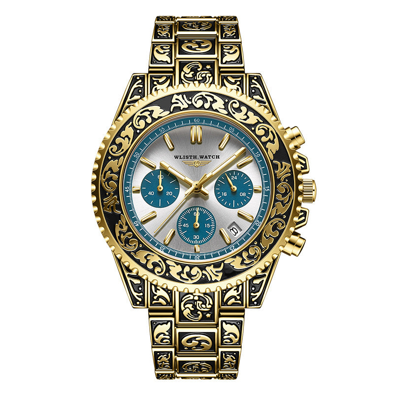 montre homme vintage multifonction avec cadran argenté et cadrans bleus, style antique élégant.