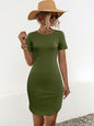 Women's Solid Color Short Sleeve Slim U-shaped Split Dress
