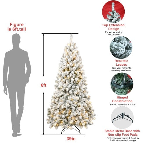 Sapin de Noël floqué pré-éclairé de 5 pieds avec 498 embouts de fil à mémoire de forme, gonflé sans effort, parfaitement formé et éclairé avec 200 lumières incandescentes chaudes apportant une élégance et un raffinement durables à vos vacances