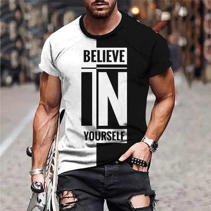 T-shirt homme été respirant avec motif graphique noir et blanc affichant le message 'BELIEVE IN YOURSELF'.
