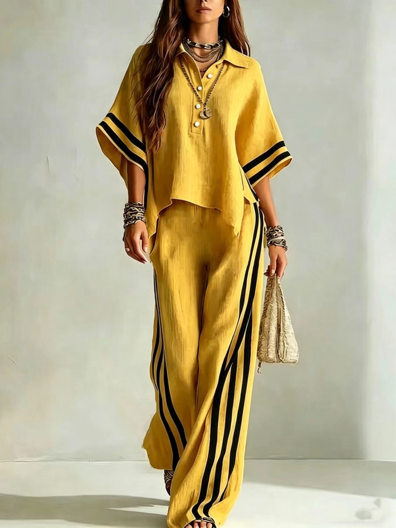 ensemble femme shirt manches courtes et pantalon large en jaune avec rayures élégantes