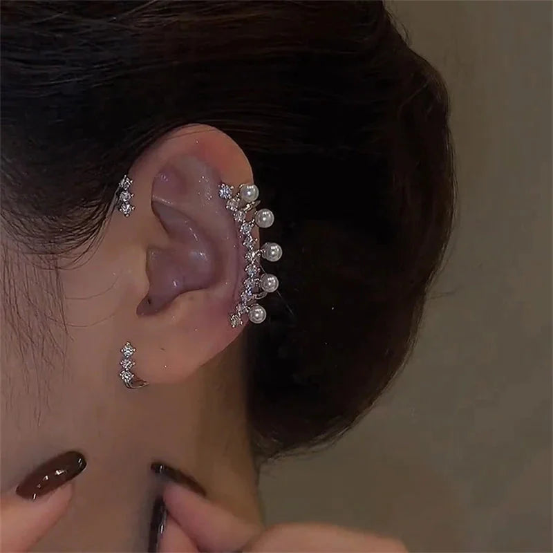 boucle d'oreille perle argent vintage, élégant clip d'oreille avec perles et cristaux pour femmes sans perçage.