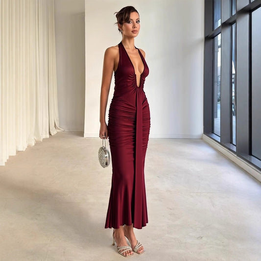 Robe de soirée sexy sirène longue plissée sans manches