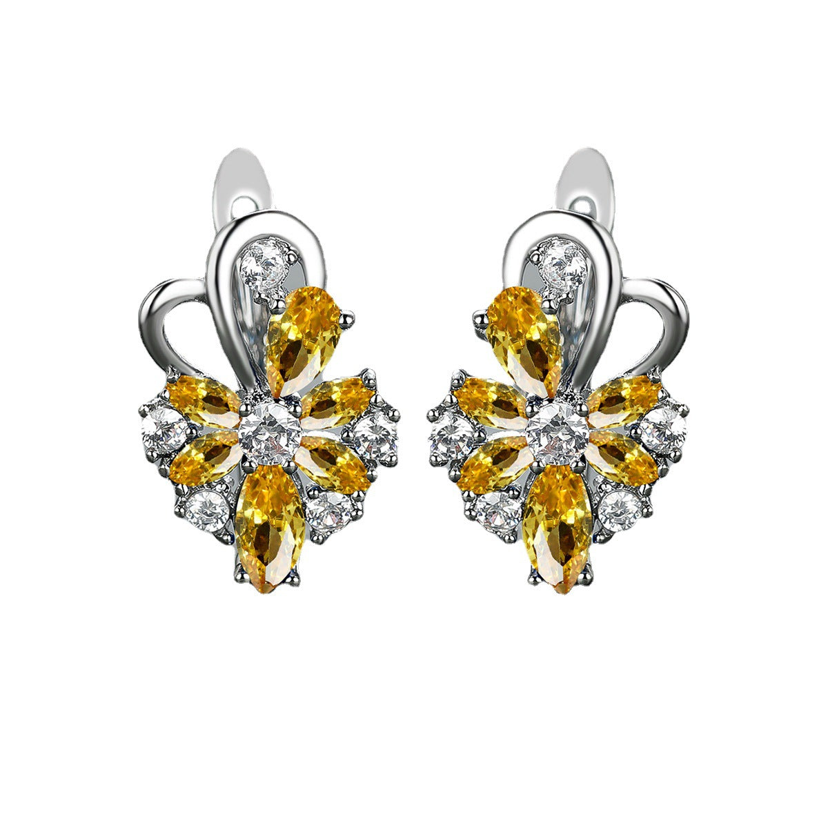 Boucles d'oreilles en zircon en forme de goutte avec pierres jaunes et blanches en forme de fleur.