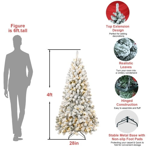 Sapin de Noël floqué pré-éclairé de 5 pieds avec 498 embouts de fil à mémoire de forme, gonflé sans effort, parfaitement formé et éclairé avec 200 lumières incandescentes chaudes apportant une élégance et un raffinement durables à vos vacances