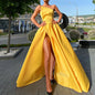 Women's Solid Color Strapless Evening Gown, High Slit Ruched Bust And Flared Skirt For Banquet & Formal Events