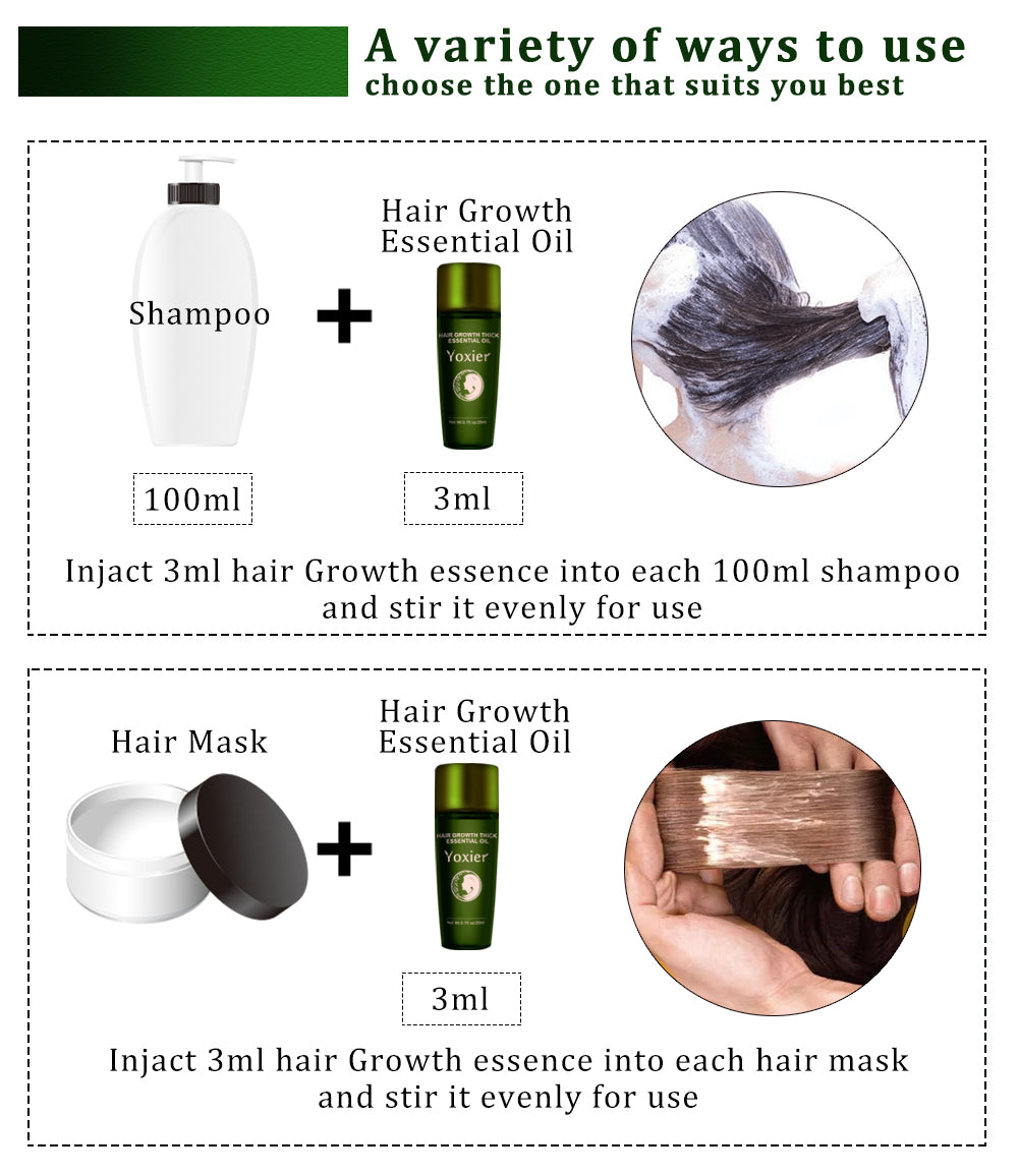 Utilisation de l'huile essentielle de croissance des cheveux avec shampooing et masque.