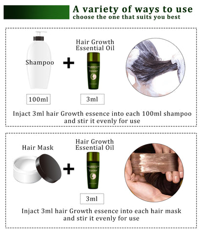 Utilisation de l'huile essentielle de croissance des cheveux avec shampooing et masque.