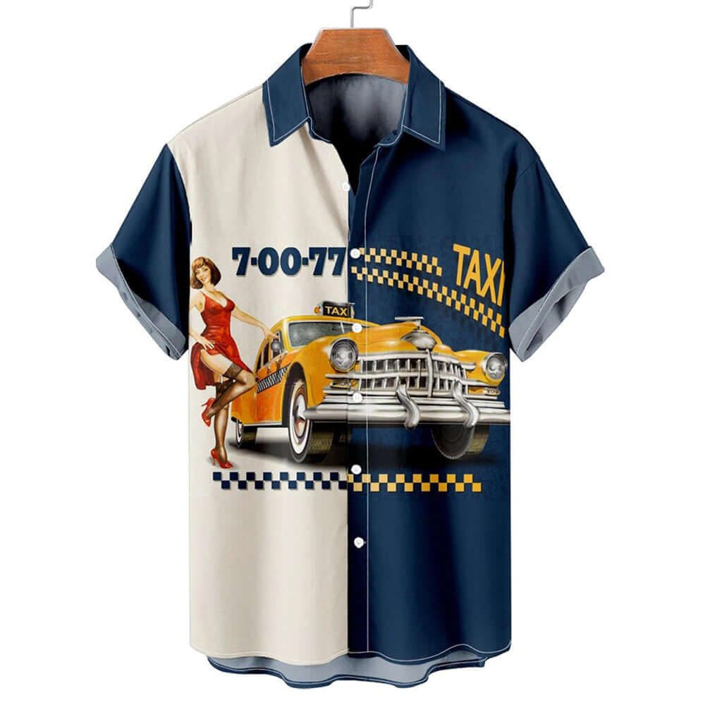 chemise imprimée 3D homme avec motif de taxi vintage en impression numérique