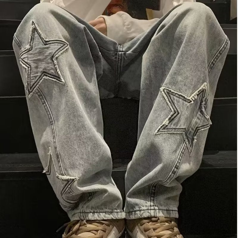 Jeans gothiques décontractés pour hommes avec broderie en étoiles, style décontracté, mode urbaine.