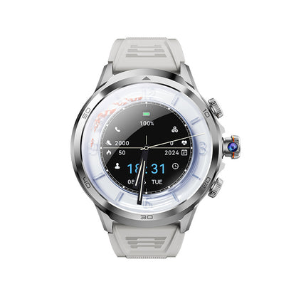 Montre connectée écran rond avec un design élégant, affichage digital et bracelet gris.