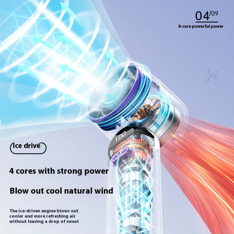 Mini portable fan with digital display, featuring 4-core power and ice drive technology for cool airflow.