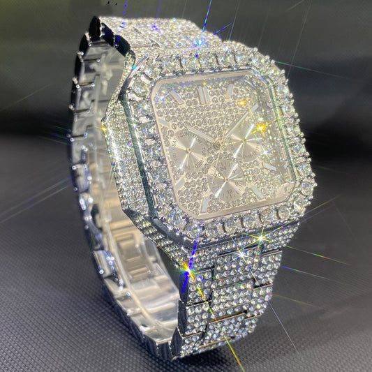 montre fashion homme diamant carrée entièrement décorée de diamants multifonctionnelle