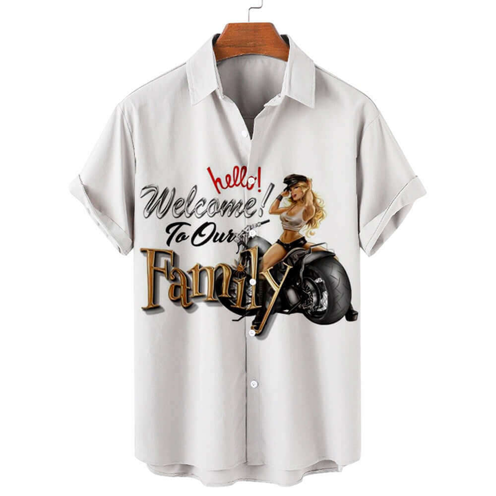 Chemise imprimée 3D homme avec motif biker et texte "Welcome to Our Family" sur fond clair.