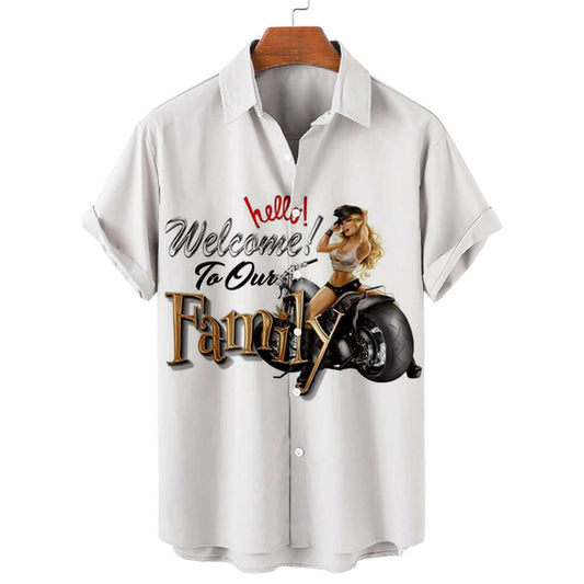 Chemise imprimée 3D homme avec motif biker et texte "Welcome to Our Family" sur fond clair.