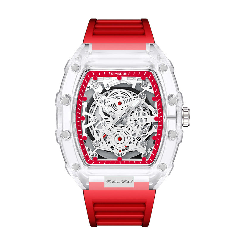 Montre transparente pour hommes étanches avec cadran rouge et bracelet rouge, style moderne.