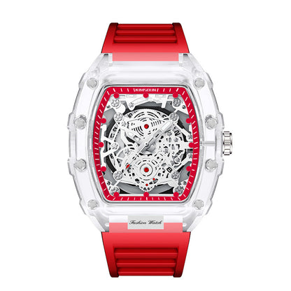 Montre transparente pour hommes étanches avec cadran rouge et bracelet rouge, style moderne.