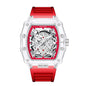 Montre transparente pour hommes étanches avec cadran rouge et bracelet rouge, style moderne.