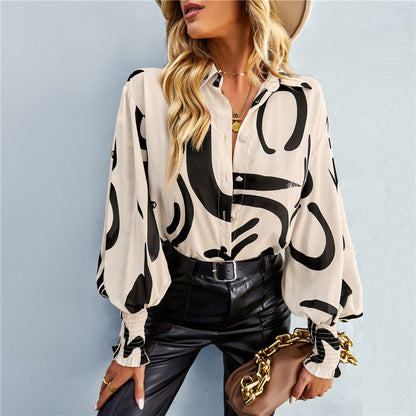 Women's Fashion Printed Long Sleeve Lapel Bishop Sleeves Top