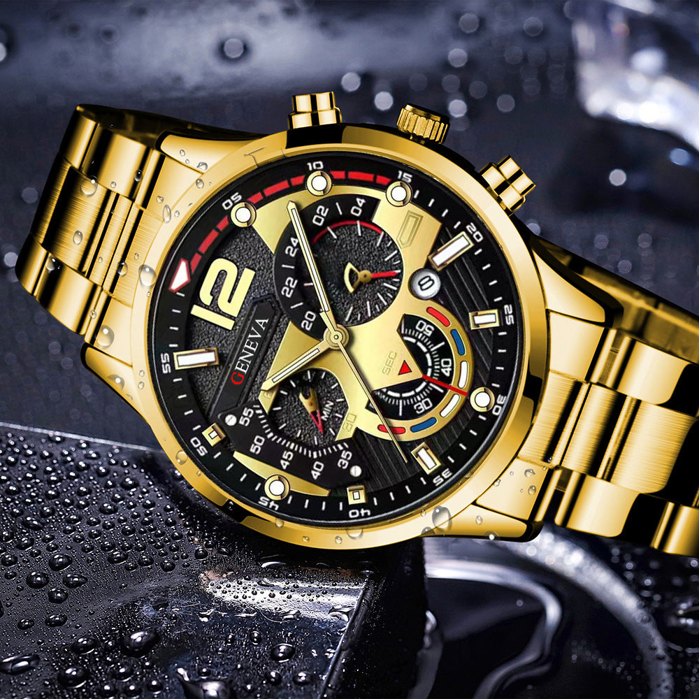 set de bracelet croix et montre pour homme en or avec cadran noir, élégant et résistant à l'eau.