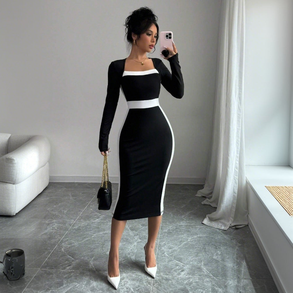 Women's Patchwork Color-block Sexy Long-sleeve Bodycon Dress