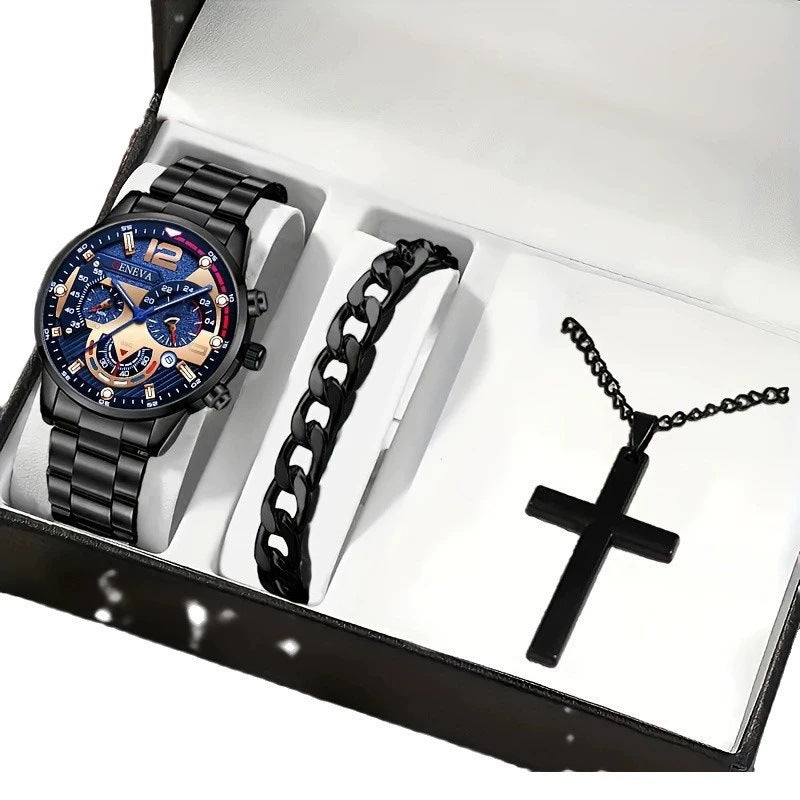 set de bracelet croix et montre pour homme dans un emballage élégant.