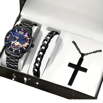 set de bracelet croix et montre pour homme dans un emballage élégant.