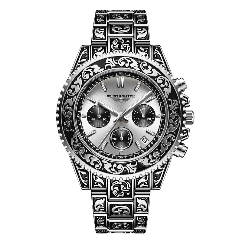 Montre homme vintage multifonction avec bracelet orné et cadran argenté, style antique élégant.