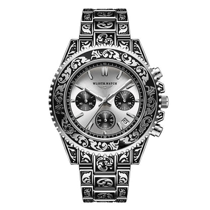 Montre homme vintage multifonction avec bracelet orné et cadran argenté, style antique élégant.