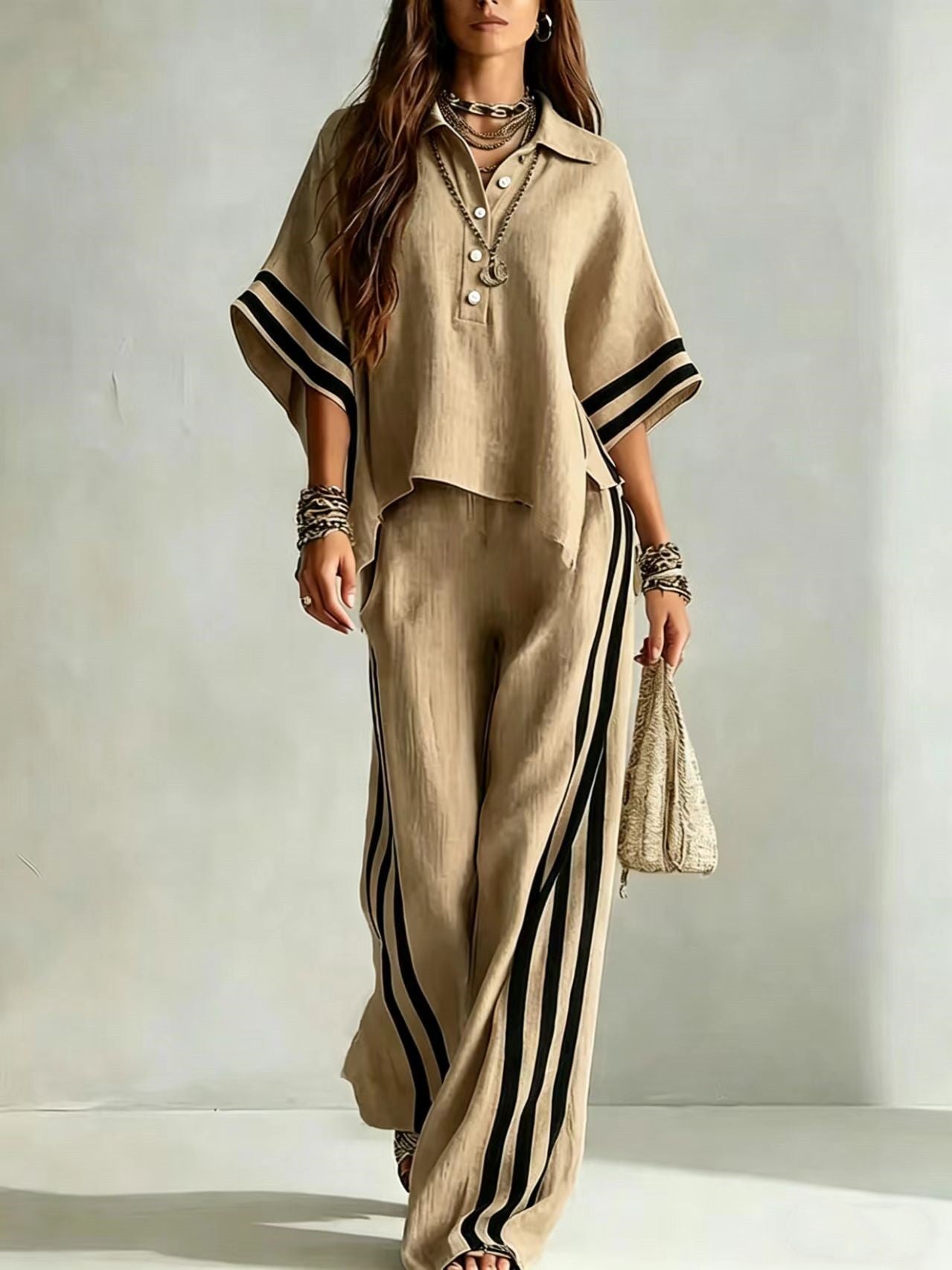 ensemble femme shirt manches courtes et pantalon large en couleur beige avec éléments de rayures.