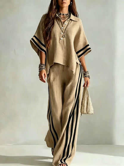 ensemble femme shirt manches courtes et pantalon large en couleur beige avec éléments de rayures.