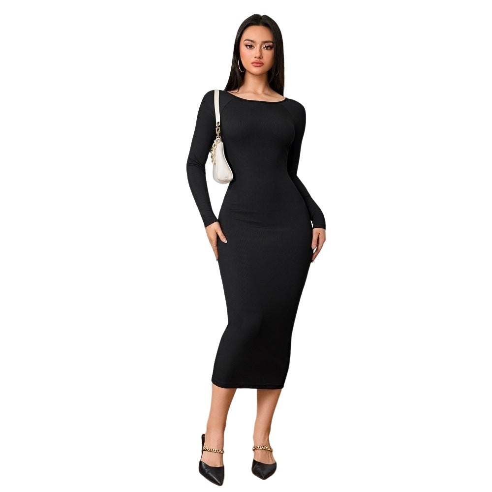 Robe féminine simple mode automne hiver sexy dos nu moulante mi-longue