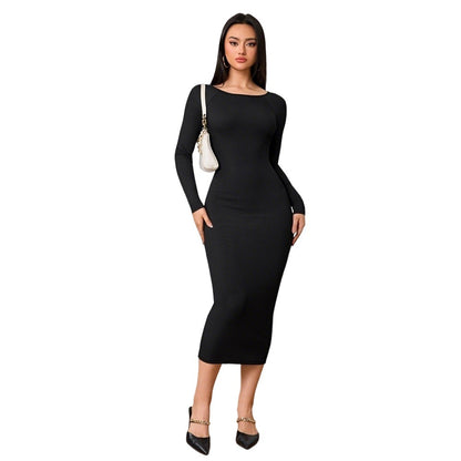 Robe féminine simple mode automne hiver sexy dos nu moulante mi-longue