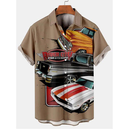 chemise imprimée 3D homme avec des voitures rétro sur fond beige