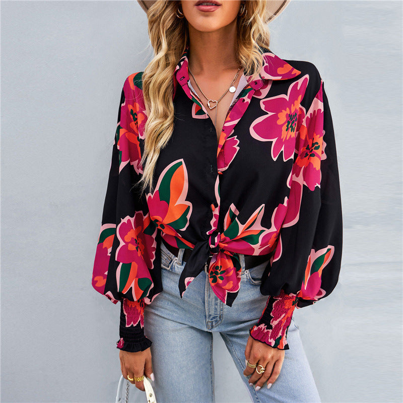 Women's Fashion Printed Long Sleeve Lapel Bishop Sleeves Top