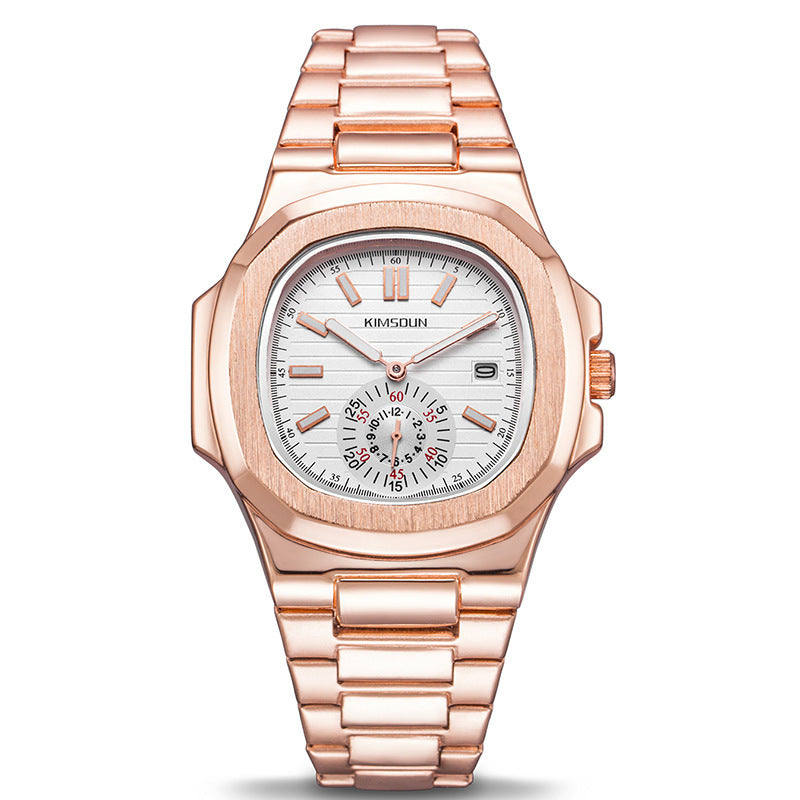 Montre homme étanche en acier inoxydable avec bracelet en acier rose et cadran argenté.