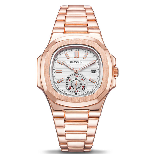Montre homme étanche en acier inoxydable avec bracelet en acier rose et cadran argenté.
