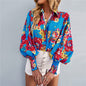 Women's Fashion Printed Long Sleeve Lapel Bishop Sleeves Top