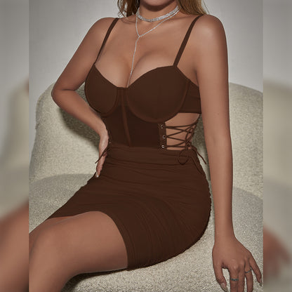 Womens Hollowed-Out Cross-Tie Underwire Fishbone Slimming Camisole Dress