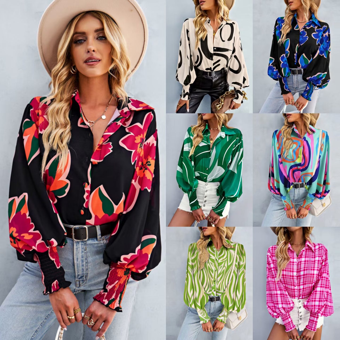 Women's Fashion Printed Long Sleeve Lapel Bishop Sleeves Top