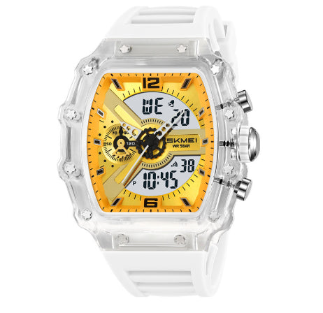 montre multifonctionnelle homme affichage double avec boîtier transparent et bracelet blanc