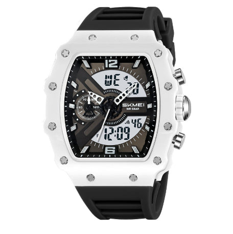 Montre multifonctionnelle homme affichage double, montre sportive avec un boîtier élégant blanc et noir.