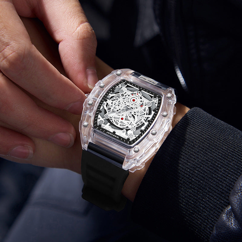 Montres transparentes pour hommes étanches avec un cadran noir et un bracelet noir, design élégant.
