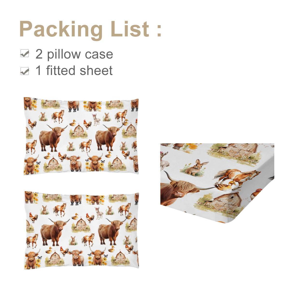 Housse de lit thème animaux enfants, 2 taies d'oreiller et 1 drap-housse avec motifs d'animaux adorables.
